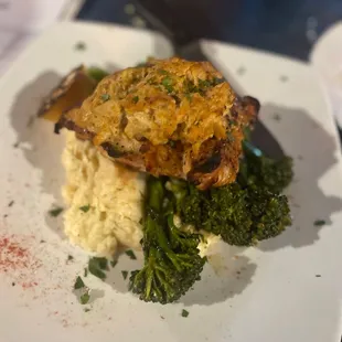 Chesapeake Chicken entree w/ Smoked Gouda Mashed Potatoes &amp; broccolini.