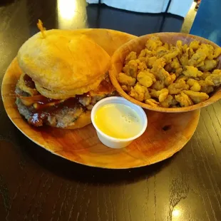 Chuck Norris burger with side of mushrooms.