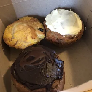 Our batch! Lemon blueberry, carrot cake, and chocolate walnut caramel. Carrot cake was our fave.