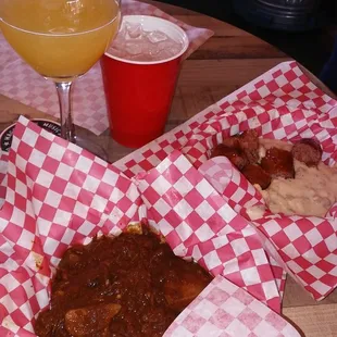 Brisket Chili with Rice, Biscuits and Gravy with a Hot Link