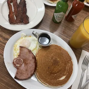 Griddle breakfast with a side of bacon