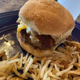 Breakfast Burger with hash-browns.
