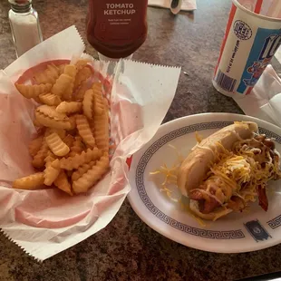 Bacon hotdog with cheese and fries
