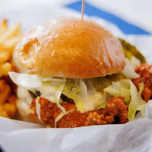 a chicken sandwich and french fries