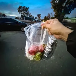 a person holding a bag of food