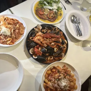 Gnocchi, bolognese, frutti di mare and chicken Milanese