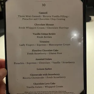 Dessert menu