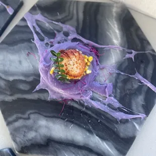 Seared scallop on Ube purée with lilikoi beurre blanc