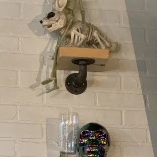 a skeleton sitting on a shelf
