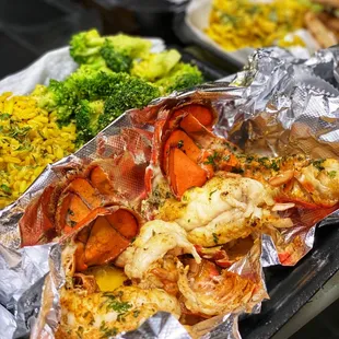 Lobster Tails with Broccoli and Yellow Rice