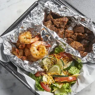 Steak, Grilled Shrimp, and House Salad