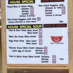 Menu. The hot and sour soup is good!