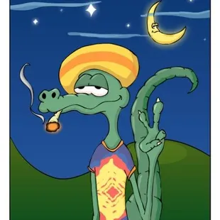 a green dragon smoking a cigarette