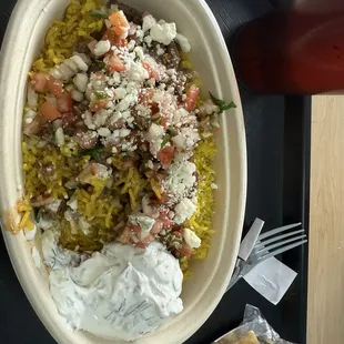 Mediterranean rice with beef as a protein.