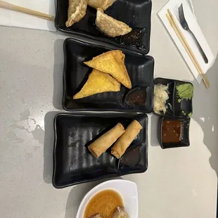 Shumai, 2 Piece Spring Roll, Crab Rangoon and Gyoza