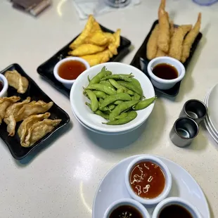 Gyoza, 6 Piece Crab Rangoon, 5 Piece Shrimp Tempura, Edamame