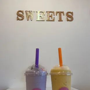 Taro milk ice blended w/ taro konjac boba and mango passion fruit ice blended w/ brown sugar konjac boba