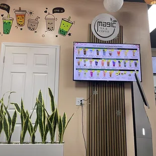 a tv screen and a potted plant