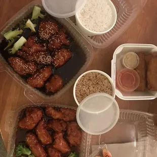 Sesame chicken dinner with steamed rice, general tsos dinner with fried rice(no egg or veggies) and egg rolls