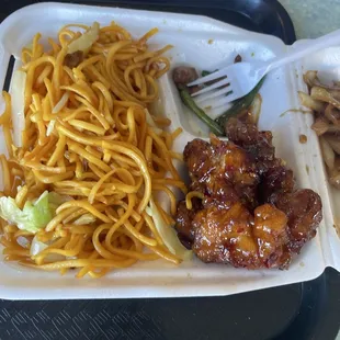 Green bean and noodles and orange chicken yummy very yummy