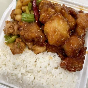 Steamed rice with kung pao chicken and sesame orange chicken