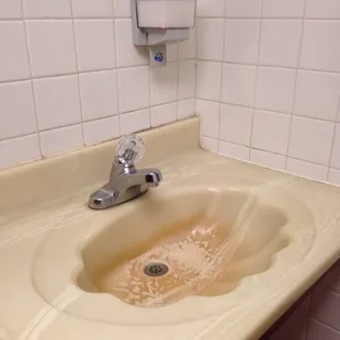 Dated stained fixtures in women&apos;s restroom