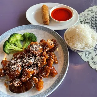 Sesame chicken pork egg roll and rice - rice sold separate with egg roll