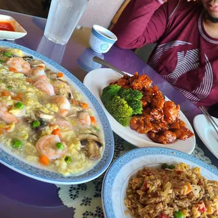 Our family dinner: shrimp with lobster sauce, BBQ pork fried rice and orange chicken.