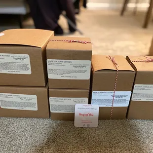 a stack of boxes wrapped in twine