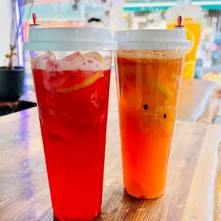 Strawberry w strawberry boba. Mixed fruit (orange, pineapple, and passion fruit).