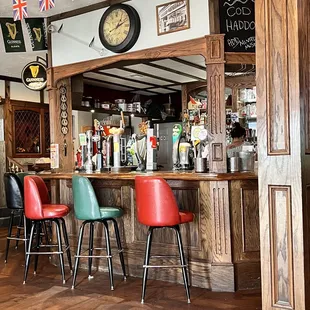 a bar with chairs and a clock