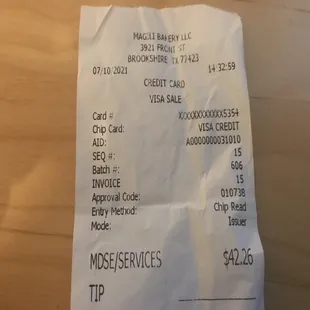 Receipt obtained when I placed the order and paid before sitting down.