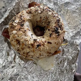 Bacon, egg, and cheese on an everything bagel