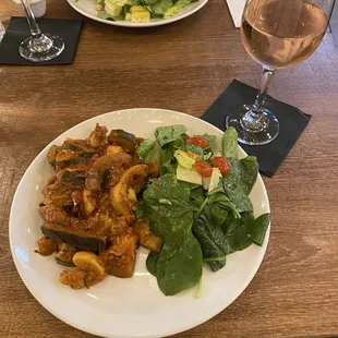 Ratatouille, salad, and rosé
