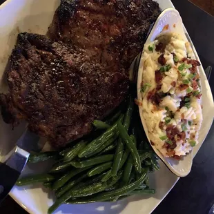 Grilled Ribeye with loaded mashed &amp; green beans