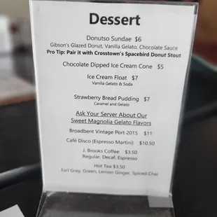 dessert menu displayed on table
