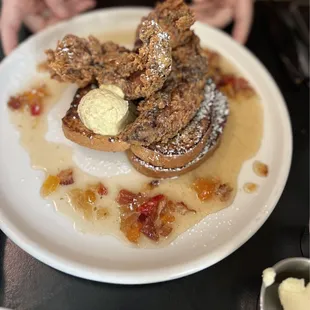 Fried chicken and French Toast with bacon marmalade