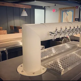 a row of beer taps on a counter