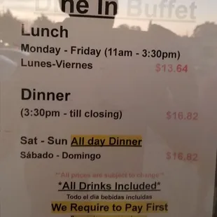 Prices for the Buffet