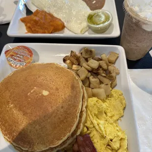 Bottom photo Magnolia pancake platter, top spinach &amp; mushroom egg white omelette.