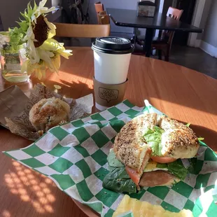 Fries egg sandwich, honey latte, blue berry muffin.