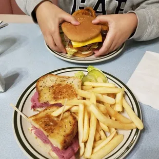 Cheese Burger and Reuben Sandwich