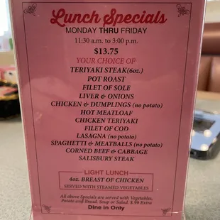 Lunch specials menu