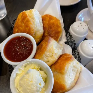 Side of biscuits with strawberry rhubarb jam