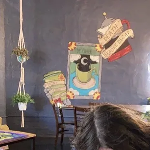 decorated back wall &amp; tables shown, tic-tac-toe board also shown :)