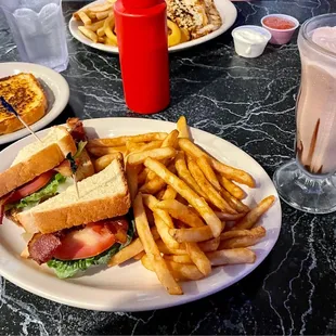 Blt Sandwicheith Seasoned Fries and chocolate shake