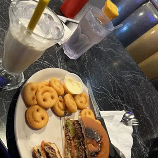 Old Fashioned Cheeseburger, Vanilla Malt, Smiley Fries