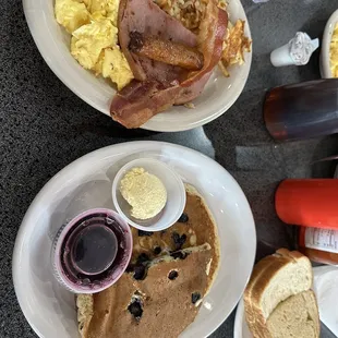 half of the Big Breakfast with blueberry pancakes