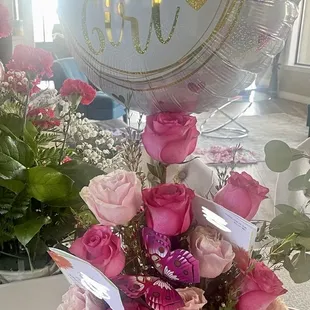 Hello Sweet Baby Girl arrangement substituted with pink roses