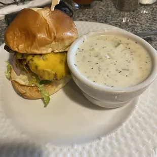 Cheeseburger and Seafood chowder